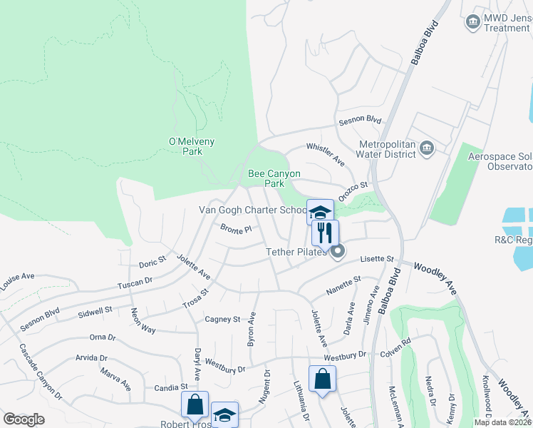 map of restaurants, bars, coffee shops, grocery stores, and more near 13011 Barto Drive in Los Angeles