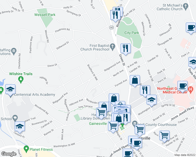map of restaurants, bars, coffee shops, grocery stores, and more near 620 North West Bradford Street in Gainesville