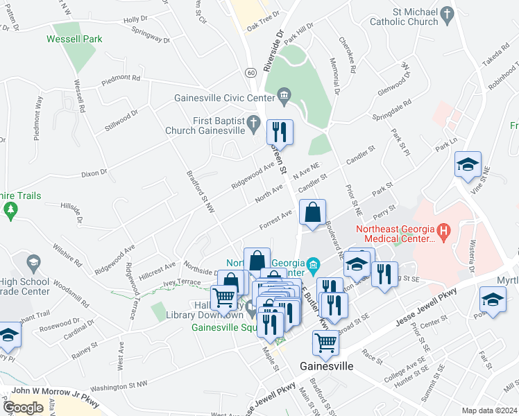 map of restaurants, bars, coffee shops, grocery stores, and more near 225 North Avenue in Gainesville