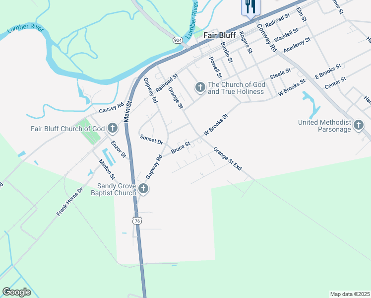 map of restaurants, bars, coffee shops, grocery stores, and more near 91 Bruce Street in Fair Bluff