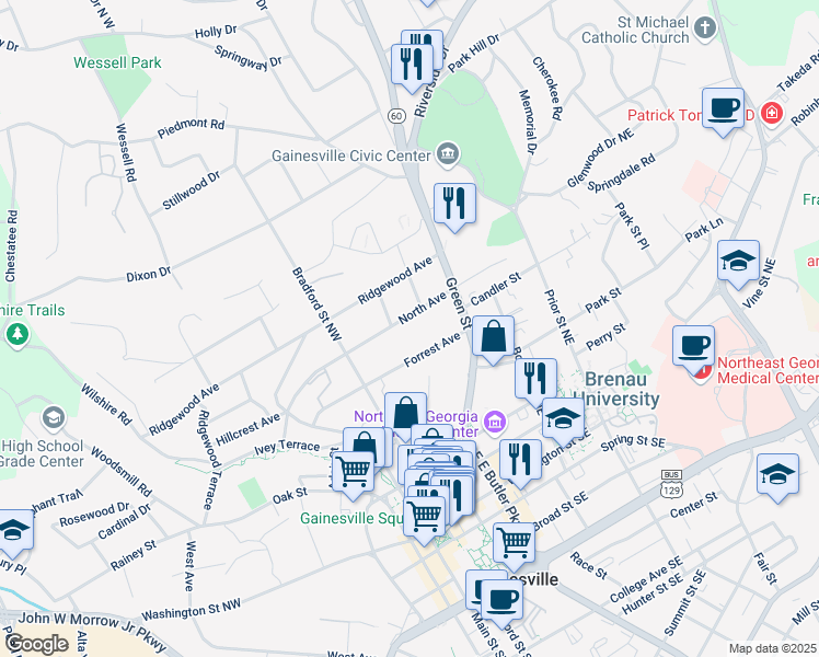 map of restaurants, bars, coffee shops, grocery stores, and more near 145 North Avenue in Gainesville