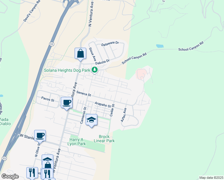 map of restaurants, bars, coffee shops, grocery stores, and more near 397 Hupa Street in Ventura