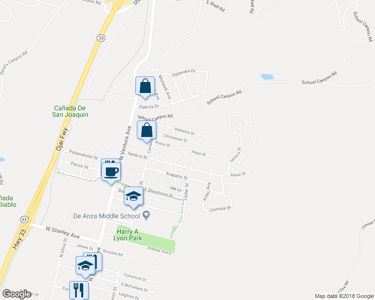 map of restaurants, bars, coffee shops, grocery stores, and more near 397 Hupa Street in Ventura