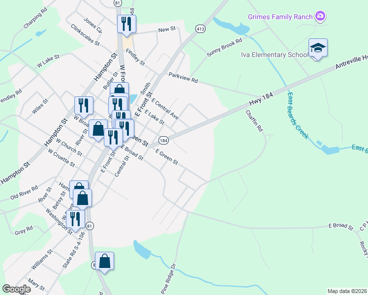 map of restaurants, bars, coffee shops, grocery stores, and more near 209 Antreville Highway in Iva