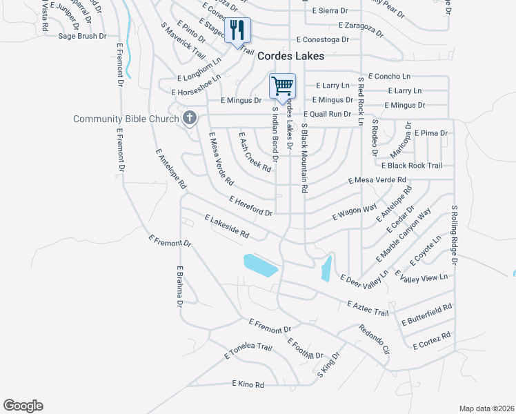 map of restaurants, bars, coffee shops, grocery stores, and more near 20267 East Mesa Verde Road in Mayer