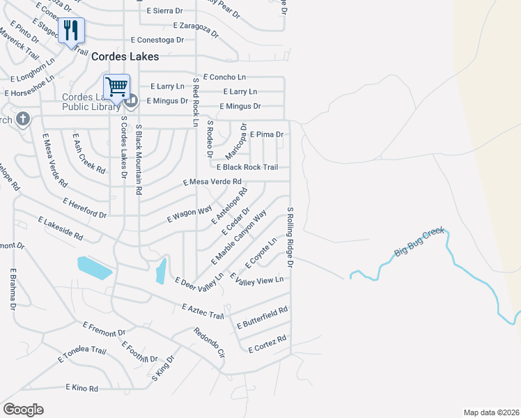 map of restaurants, bars, coffee shops, grocery stores, and more near 20859 East Cedar Drive in Mayer