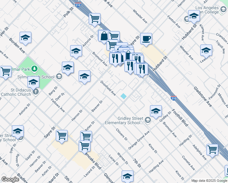 map of restaurants, bars, coffee shops, grocery stores, and more near 12960 Dronfield Avenue in Sylmar
