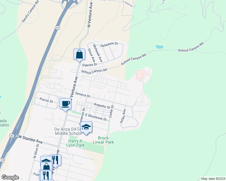 map of restaurants, bars, coffee shops, grocery stores, and more near 403 Hupa Street in Ventura