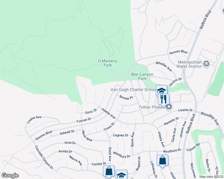 map of restaurants, bars, coffee shops, grocery stores, and more near 17427 Tuscan Drive in Los Angeles