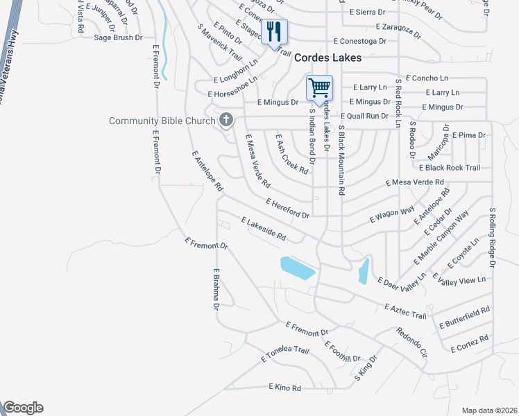 map of restaurants, bars, coffee shops, grocery stores, and more near 20188 East Hereford Drive in Mayer