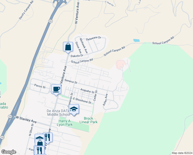 map of restaurants, bars, coffee shops, grocery stores, and more near 403 Hupa Street in Ventura