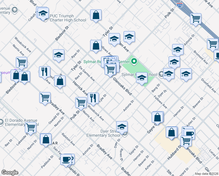 map of restaurants, bars, coffee shops, grocery stores, and more near 14578 Polk Street in Los Angeles