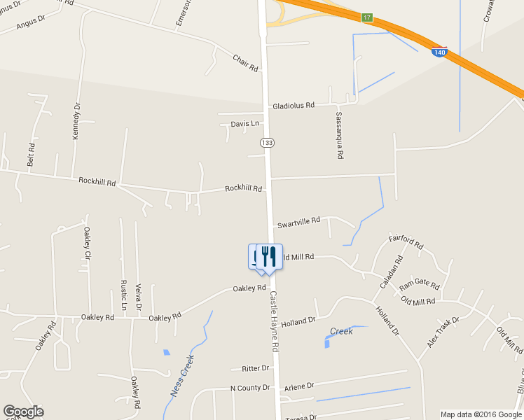 map of restaurants, bars, coffee shops, grocery stores, and more near 3133 Castle Hayne Road in Castle Hayne