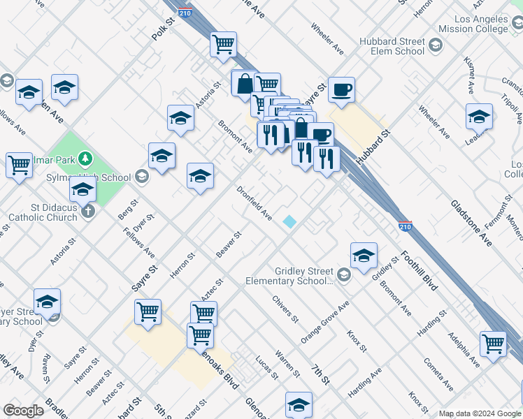 map of restaurants, bars, coffee shops, grocery stores, and more near Dronfield Avenue & Beaver Street in Los Angeles