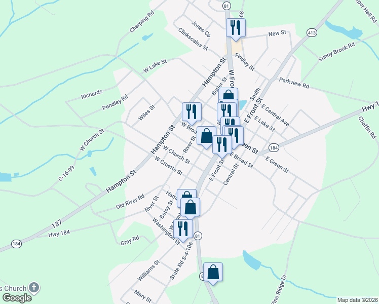map of restaurants, bars, coffee shops, grocery stores, and more near 206 West Church Street in Iva