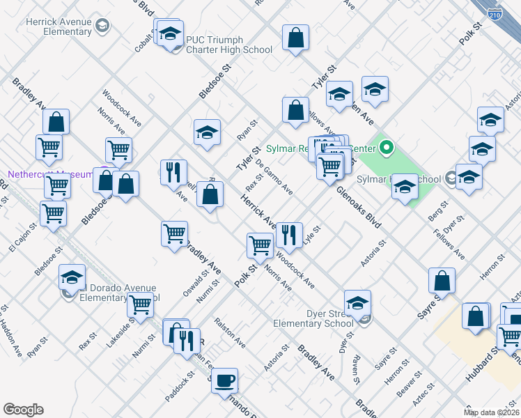 map of restaurants, bars, coffee shops, grocery stores, and more near 14758 Lakeside Street in Los Angeles