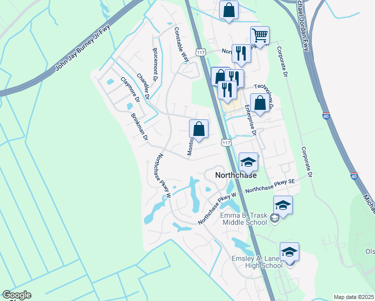 map of restaurants, bars, coffee shops, grocery stores, and more near 3105 Monticello Drive in Wilmington