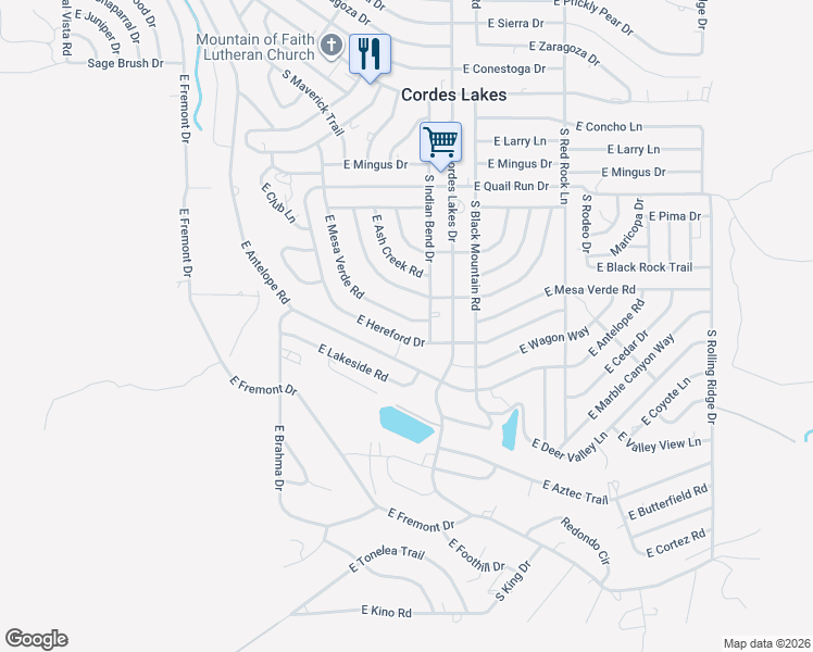 map of restaurants, bars, coffee shops, grocery stores, and more near 20267 East Mesa Verde Road in Mayer