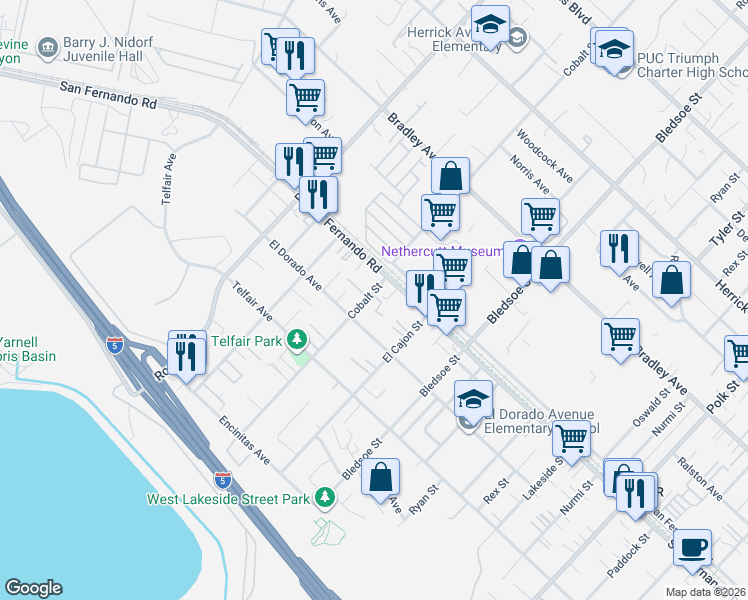 map of restaurants, bars, coffee shops, grocery stores, and more near 15528 Cobalt Street in Los Angeles