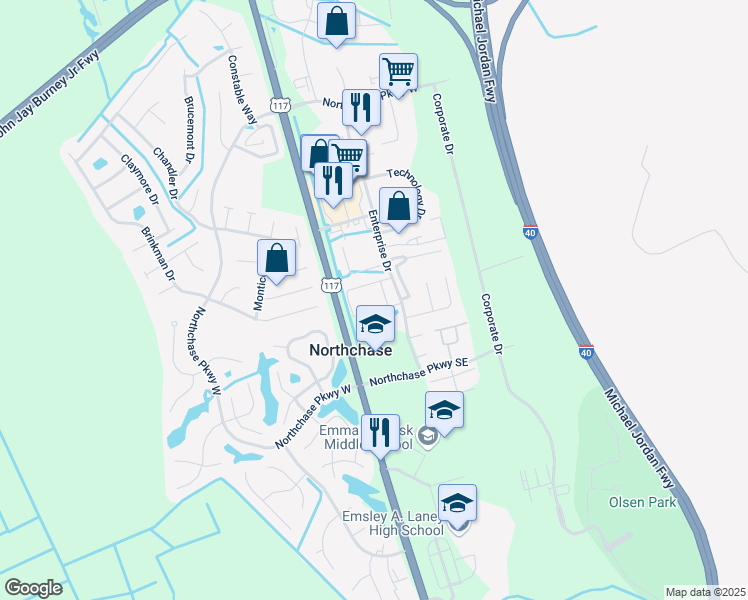 map of restaurants, bars, coffee shops, grocery stores, and more near 3015 Enterprise Drive in Wilmington