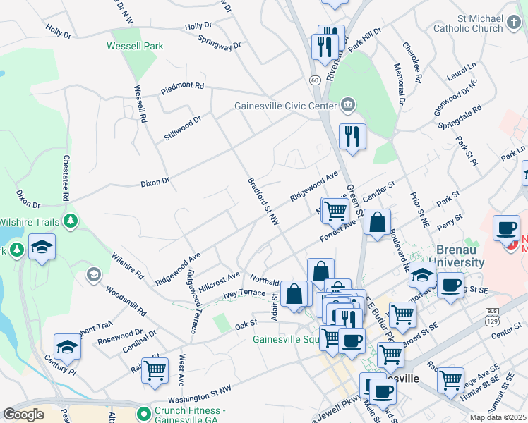 map of restaurants, bars, coffee shops, grocery stores, and more near 725 Bradford Street Northwest in Gainesville