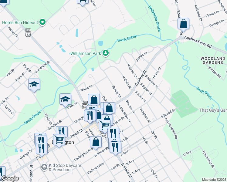 map of restaurants, bars, coffee shops, grocery stores, and more near 121 Spring Street in Darlington