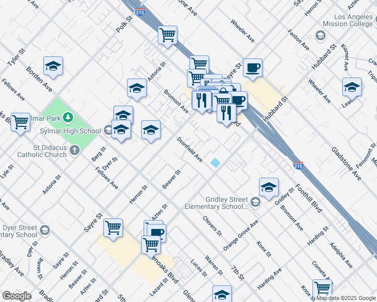 map of restaurants, bars, coffee shops, grocery stores, and more near 13900 Herron Street in Los Angeles