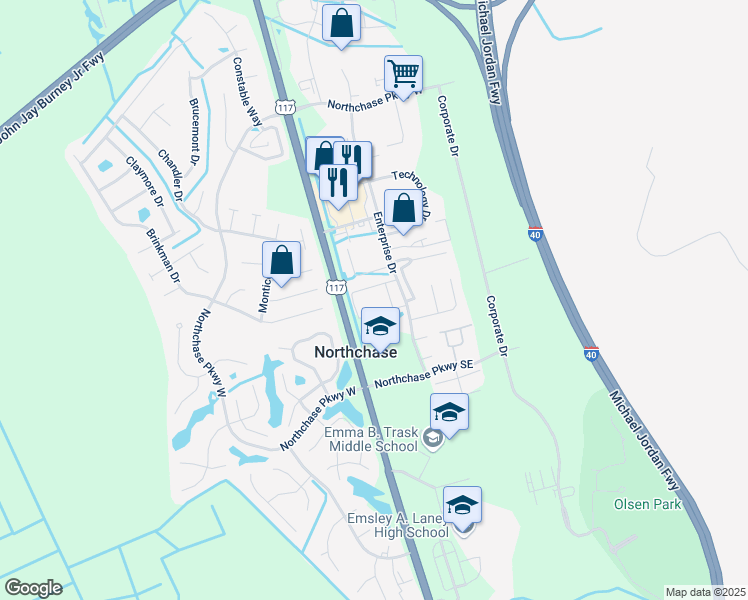 map of restaurants, bars, coffee shops, grocery stores, and more near 3015 Enterprise Drive in Wilmington
