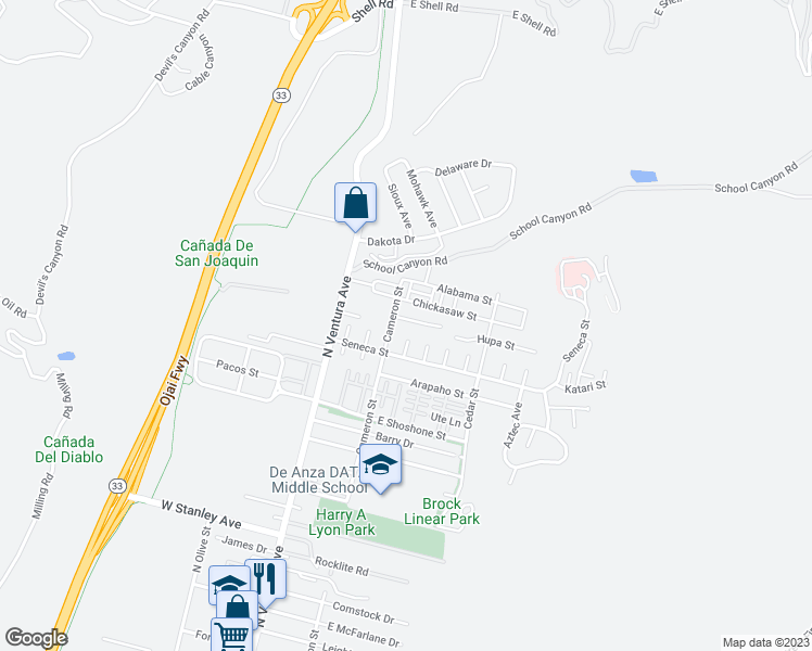 map of restaurants, bars, coffee shops, grocery stores, and more near 220 Pomo Street in Ventura