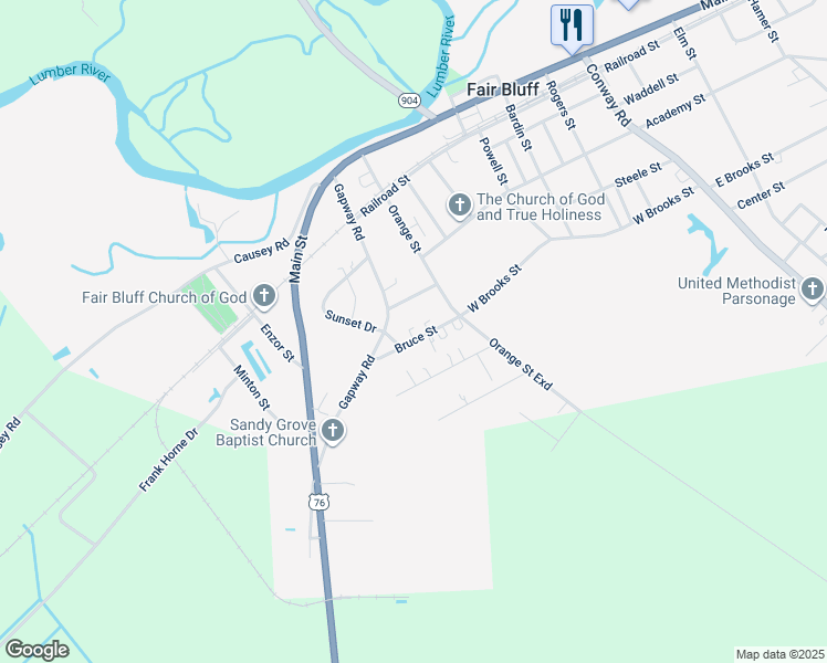 map of restaurants, bars, coffee shops, grocery stores, and more near 104 Bruce Street in Fair Bluff