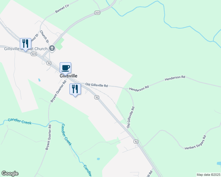 map of restaurants, bars, coffee shops, grocery stores, and more near 6474 Old Gillsville Road in Gillsville