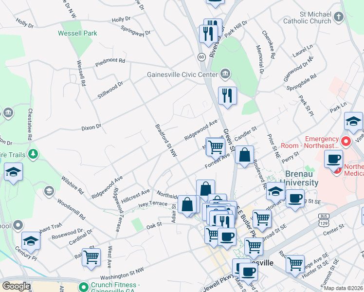 map of restaurants, bars, coffee shops, grocery stores, and more near 401 Ridgewood Avenue in Gainesville