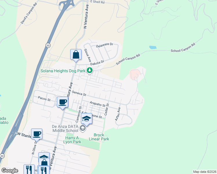 map of restaurants, bars, coffee shops, grocery stores, and more near 470 Chickasaw Street in Ventura