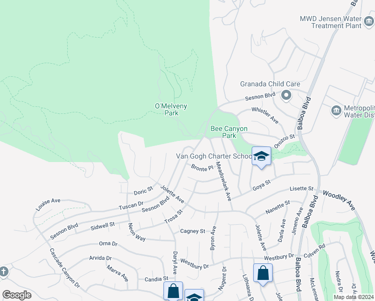 map of restaurants, bars, coffee shops, grocery stores, and more near 17418 Tuscan Drive in Los Angeles