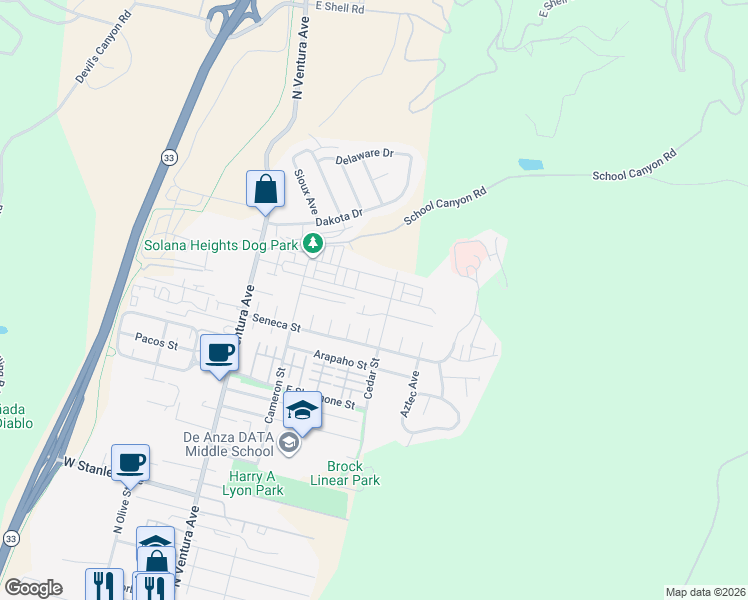 map of restaurants, bars, coffee shops, grocery stores, and more near 470 Chickasaw Street in Ventura