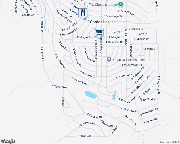 map of restaurants, bars, coffee shops, grocery stores, and more near 20267 East Mesa Verde Road in Mayer