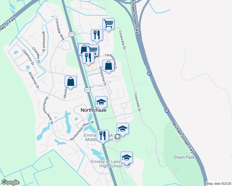 map of restaurants, bars, coffee shops, grocery stores, and more near 3005 Promenade Court in Wilmington