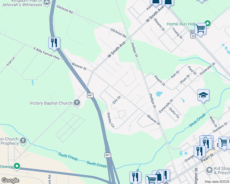 map of restaurants, bars, coffee shops, grocery stores, and more near 621 Weaver Street in Darlington