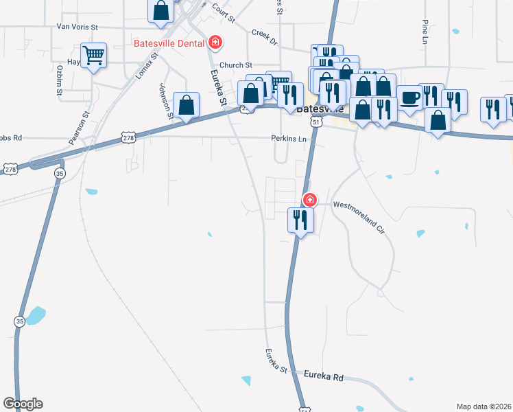 map of restaurants, bars, coffee shops, grocery stores, and more near 230 Eureka Street in Batesville