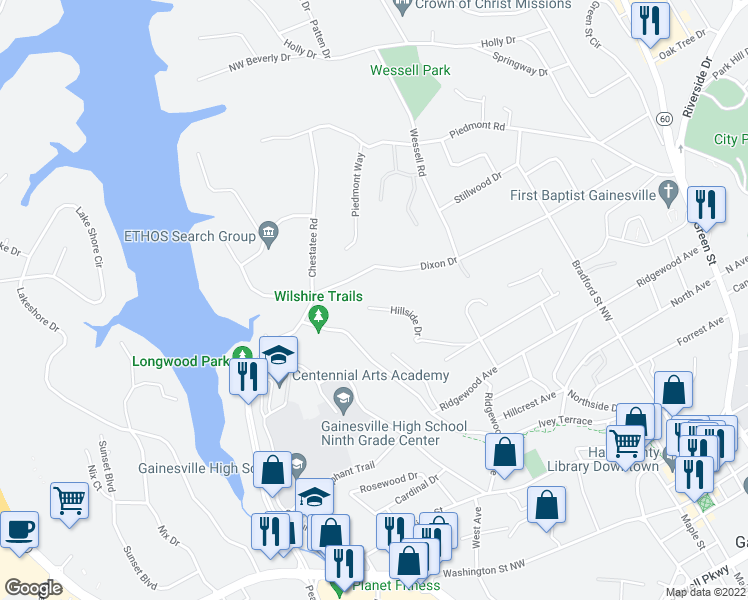 map of restaurants, bars, coffee shops, grocery stores, and more near 818 Hillside Drive in Gainesville