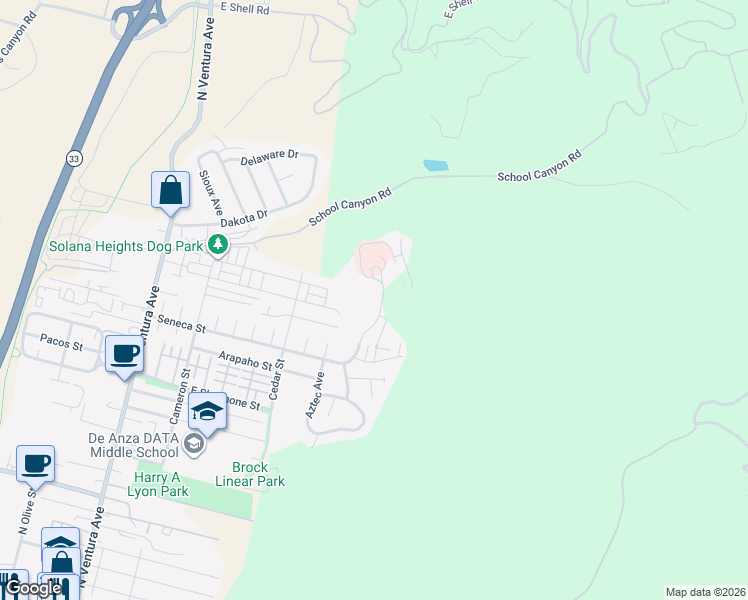 map of restaurants, bars, coffee shops, grocery stores, and more near 771 Seneca Street in Ventura