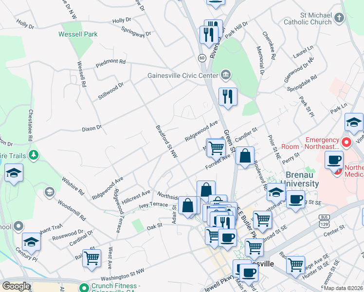 map of restaurants, bars, coffee shops, grocery stores, and more near 401 Ridgewood Avenue in Gainesville