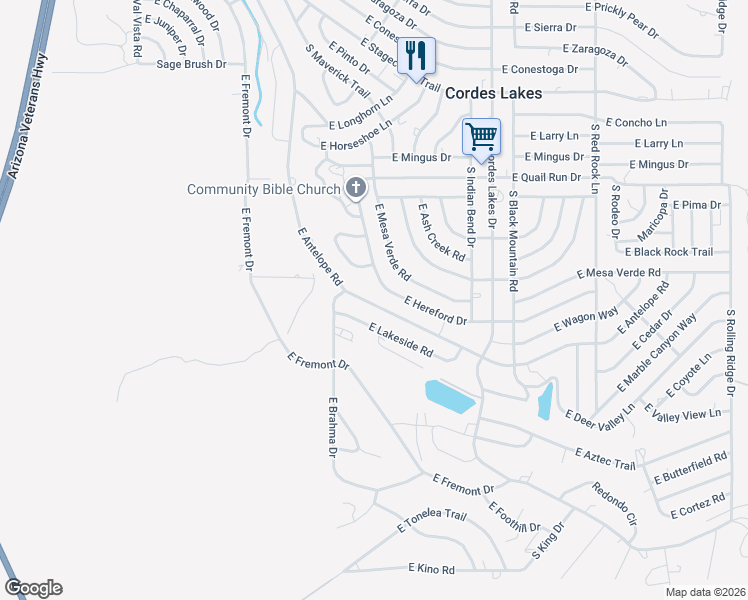 map of restaurants, bars, coffee shops, grocery stores, and more near 20066 E Antelope Rd in Mayer