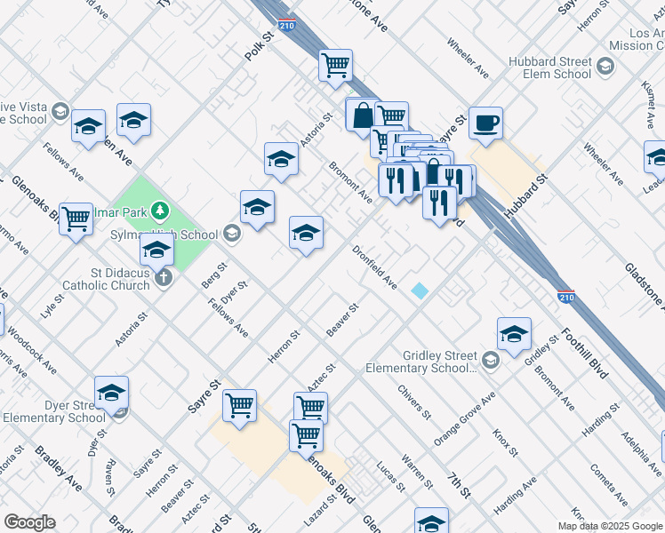 map of restaurants, bars, coffee shops, grocery stores, and more near 13964 Sayre Street in Los Angeles