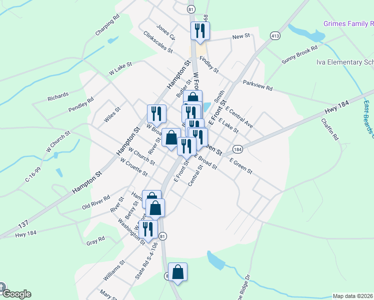 map of restaurants, bars, coffee shops, grocery stores, and more near in Iva