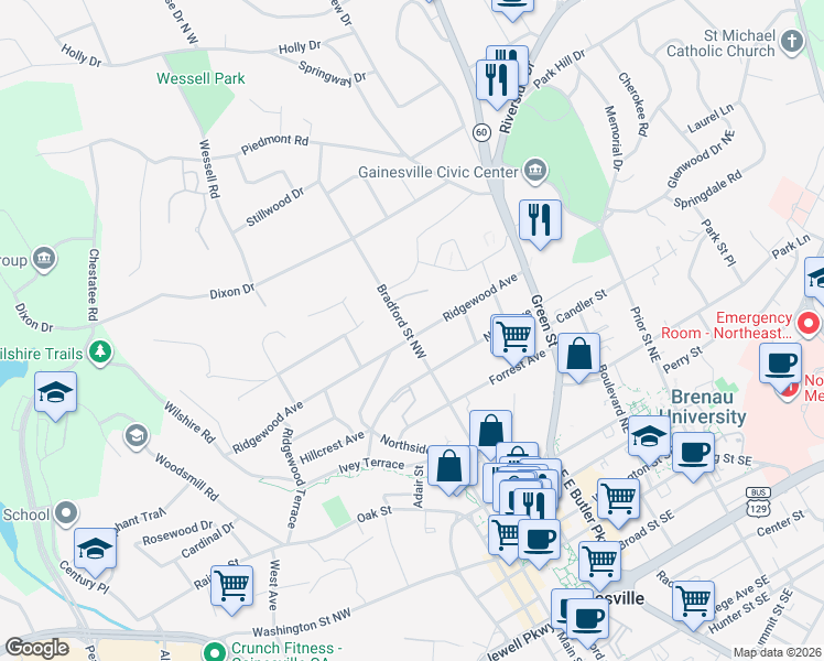 map of restaurants, bars, coffee shops, grocery stores, and more near 725 Bradford Street Northwest in Gainesville