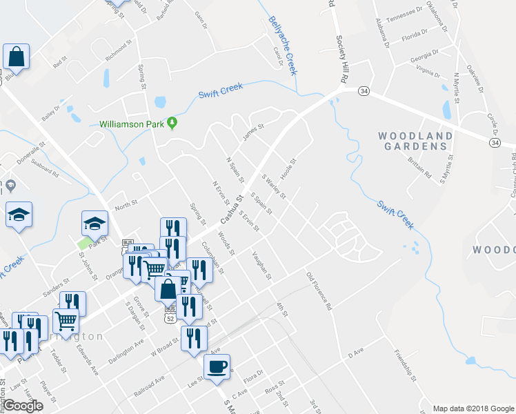 map of restaurants, bars, coffee shops, grocery stores, and more near 105 Hoole Street in Darlington