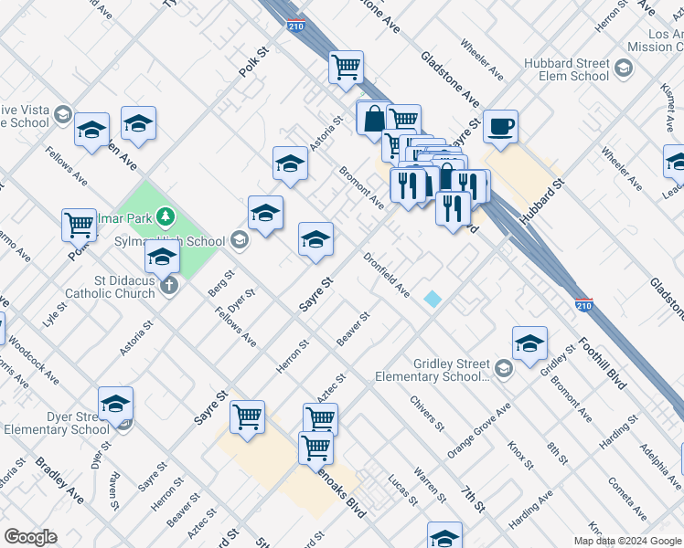map of restaurants, bars, coffee shops, grocery stores, and more near 13964 Sayre Street in Los Angeles