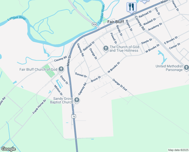map of restaurants, bars, coffee shops, grocery stores, and more near 104 Bruce Street in Fair Bluff