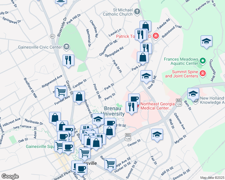 map of restaurants, bars, coffee shops, grocery stores, and more near 927 Perry Street in Gainesville
